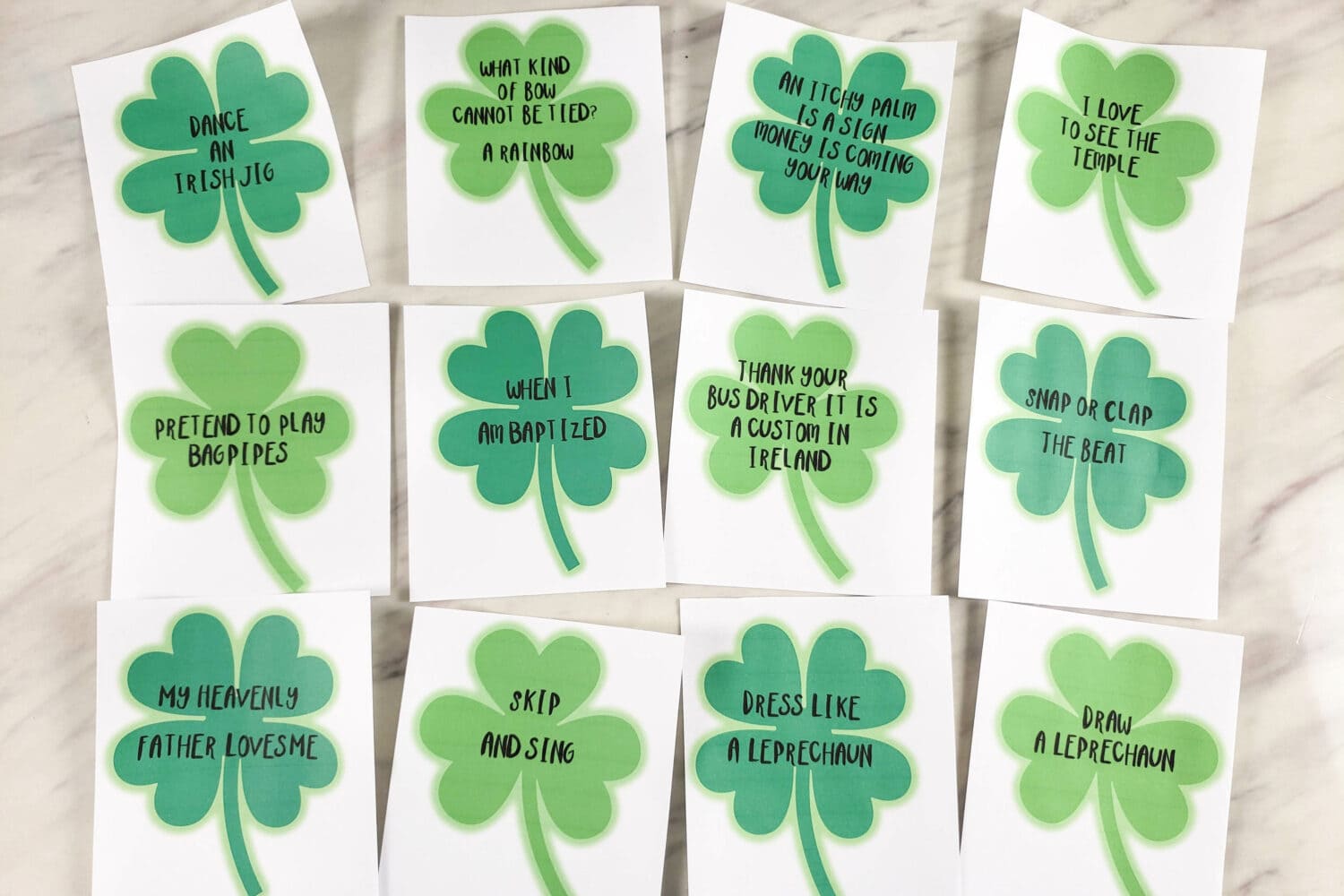 St Patrick's Day Hidden Clovers Singing Time Game with jokes, dares, Primary songs, Irish facts, and more!