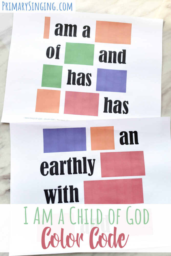 I Am a Child of God Color Code singing time idea for Primary music leaders. Grab this printable lesson plan to play a fun crack the code with colors to decode the meaning behind the song while teaching I Am a Child of God