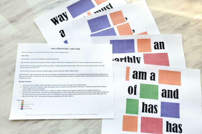 I Am a Child of God Color Code singing time idea for Primary music leaders. Grab this printable lesson plan to play a fun crack the code with colors to decode the meaning behind the song while teaching I Am a Child of God