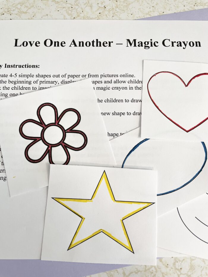 Kids will love this Love One Another Magic Crayon Singing Time activity! Simply draw in the air simple shapes with a pretend crayon in this printable lesson.