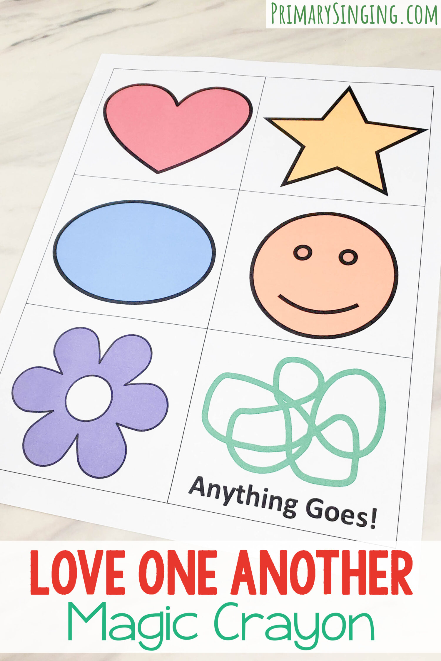 Love One Another Magic Crayon full page printable cards with actions for singing time
