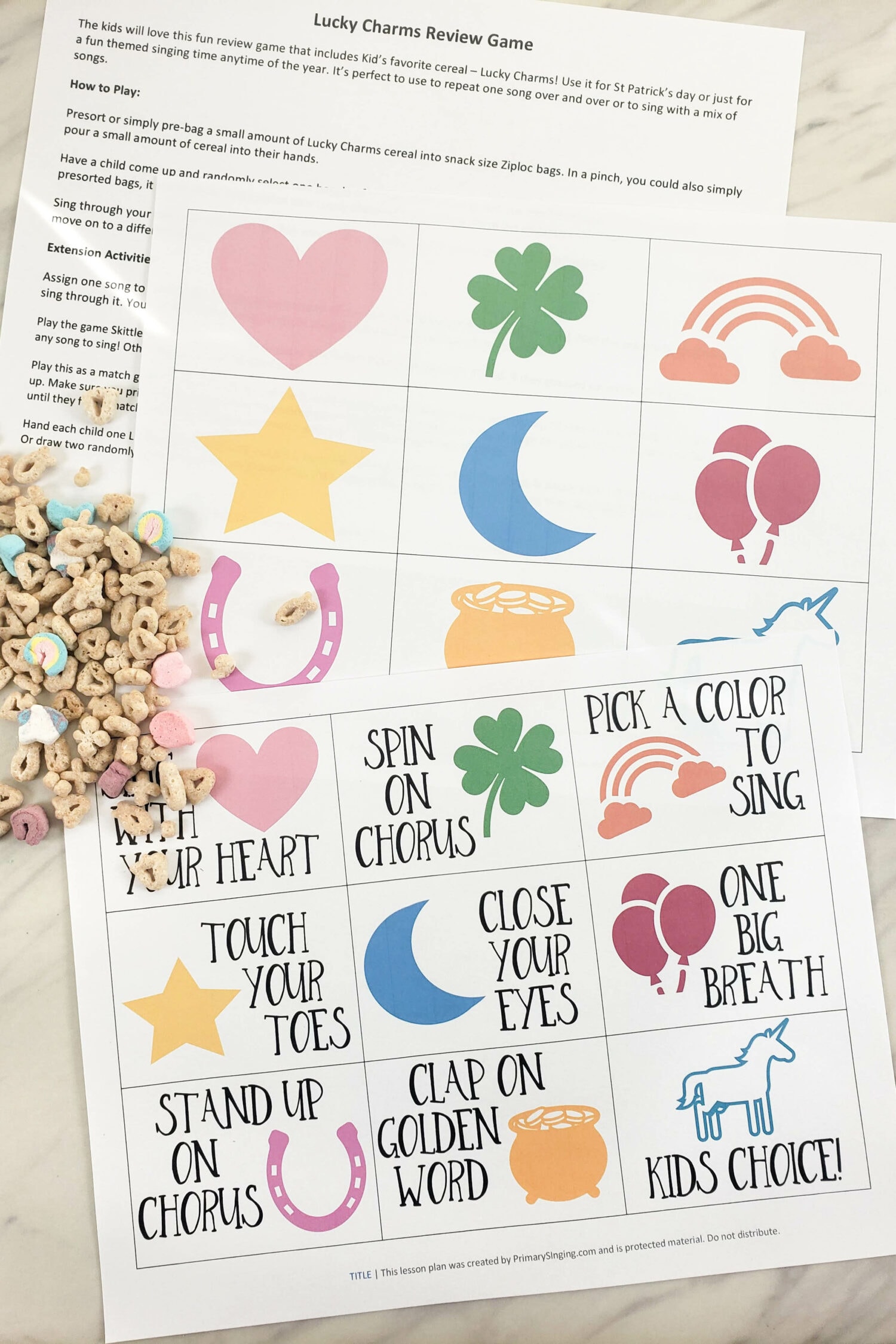 Lucky Charms Singing Time Review Game - a fun mix of WAYS TO SING that match with a variety of Lucky Charms symbols for fun! Great for St Patrick's Day or use this activity any time of the year. Free printable and lesson plan for LDS Primary Music Leaders or music teachers. 