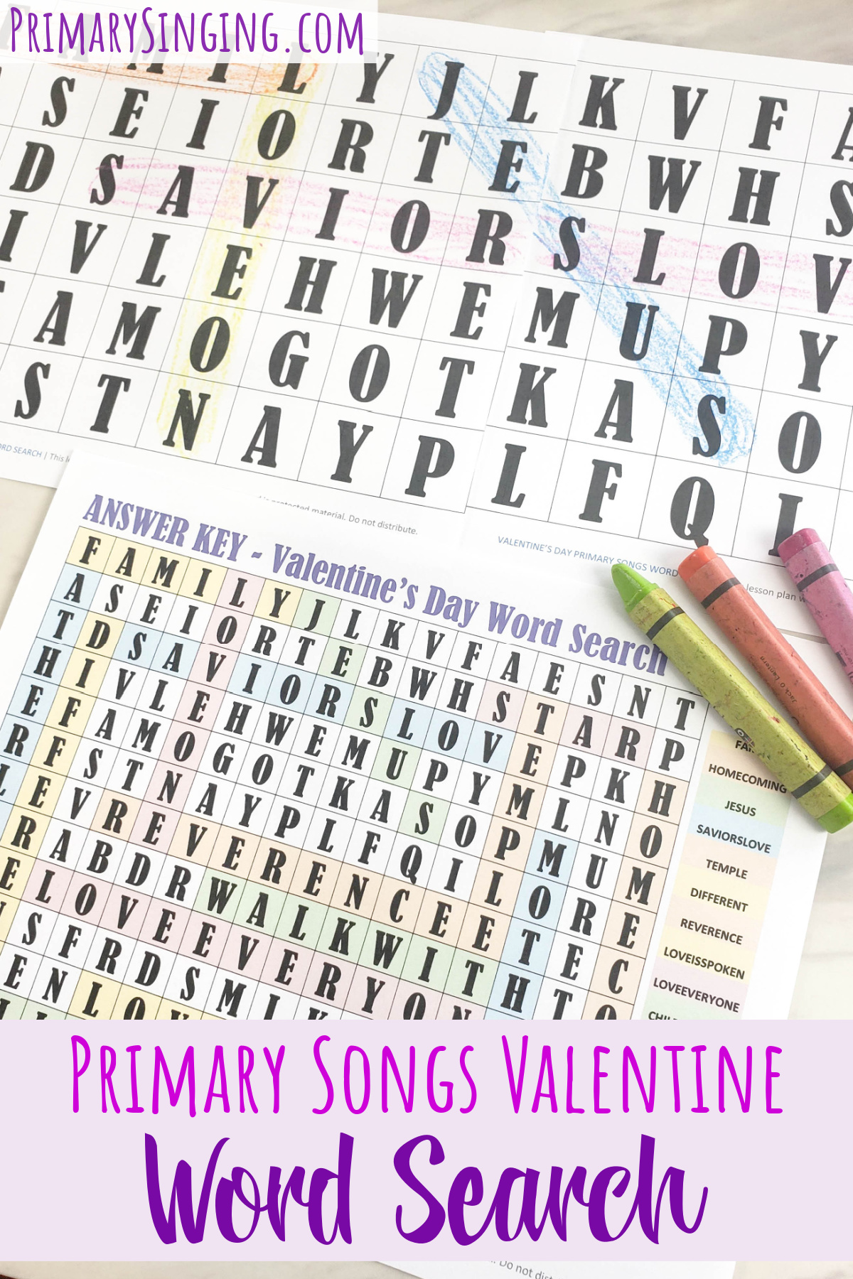 Primary Songs Valentine Word Search! This fun printable game includes a variety of LDS Primary Songs that are perfect for Valentine's Day and all about love! Includes a variety of fun ways to play including a large format printable across 4-pages or a 1-page individual size printable that can be used when teaching Come Follow Me Primary lessons. 