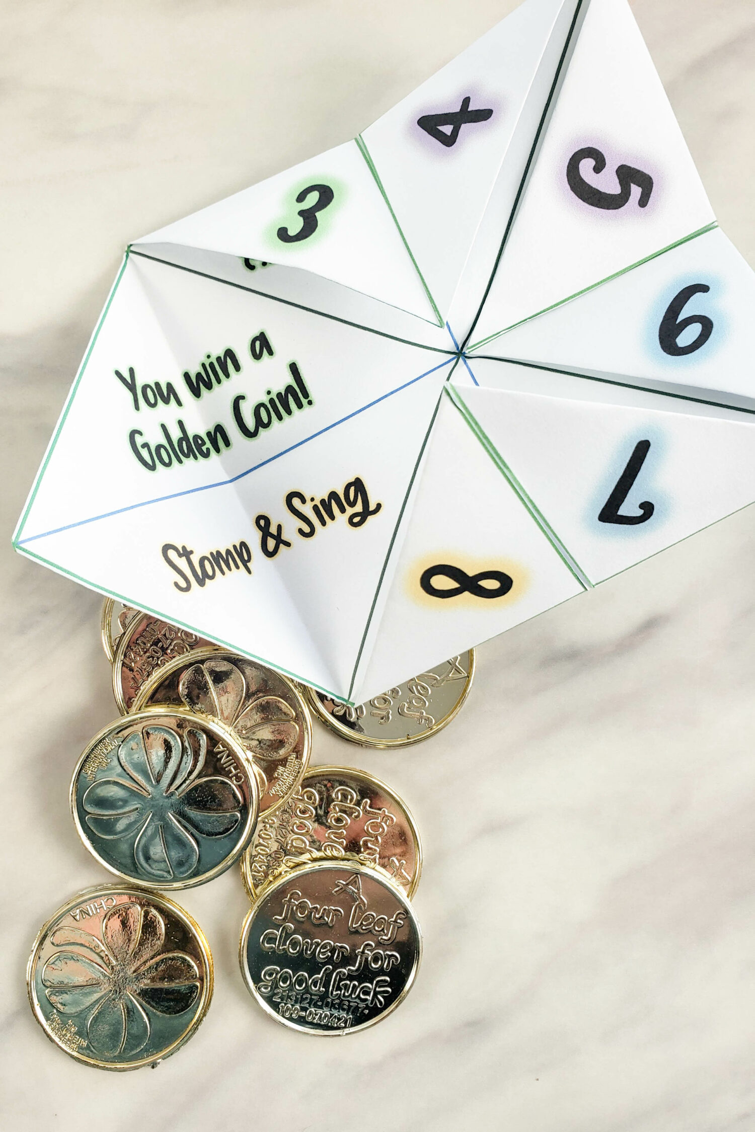 St Patrick's Day Fortune Teller Singing Time Ideas for Primary Music Leader - printable lesson plan and game ready to fill in with gold coins for a fun giveaway toy