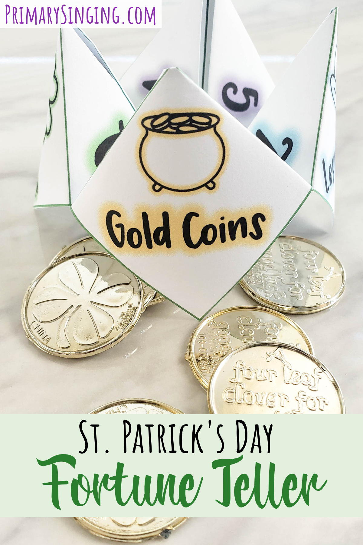 St Patrick's Day Fortune Teller - cute printable cootie catcher already filled in with easy Primary Singing Time actions or one ready to fill in with your own actions! Plus, how to make a monster fortune teller out of poster board!
