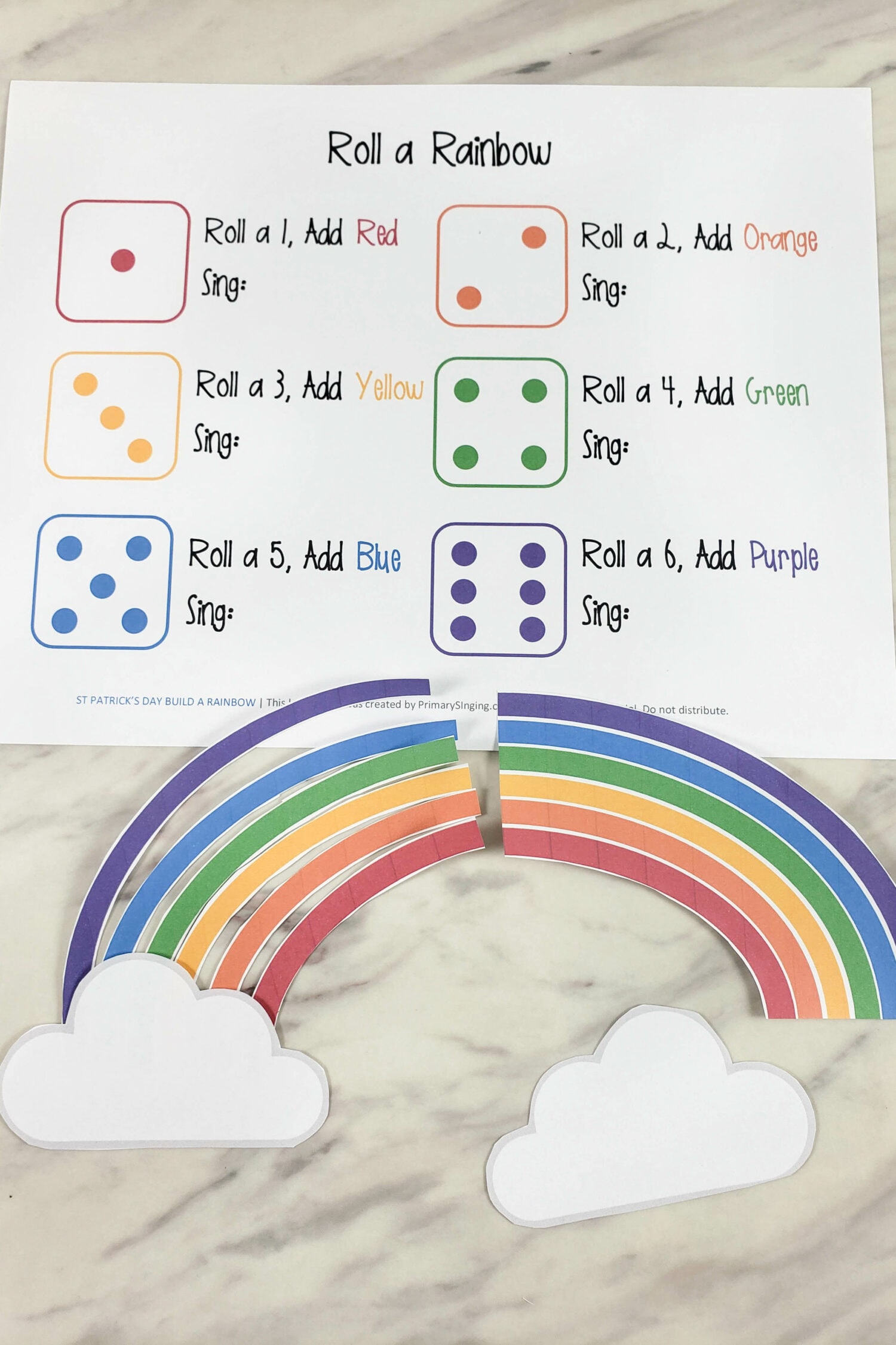 St Patrick's Day Singing Time Ideas - Printable Roll a Rainbow dice game for Primary and classroom use