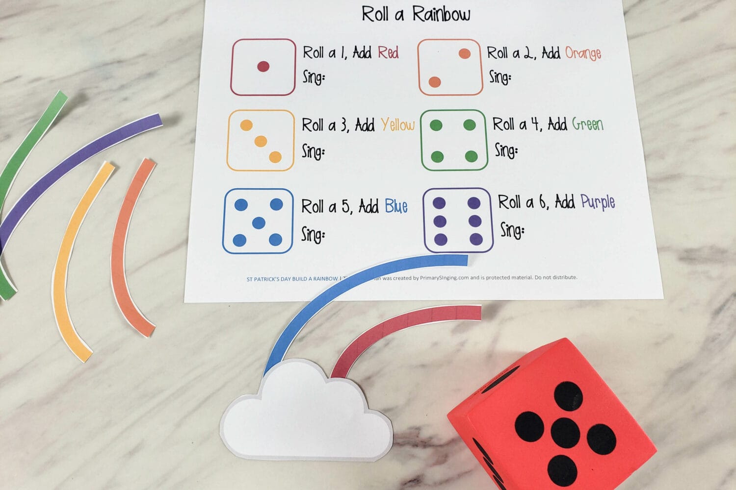 St Patrick's Day Singing Time Ideas - Printable Roll a Rainbow dice game for Primary and classroom use
