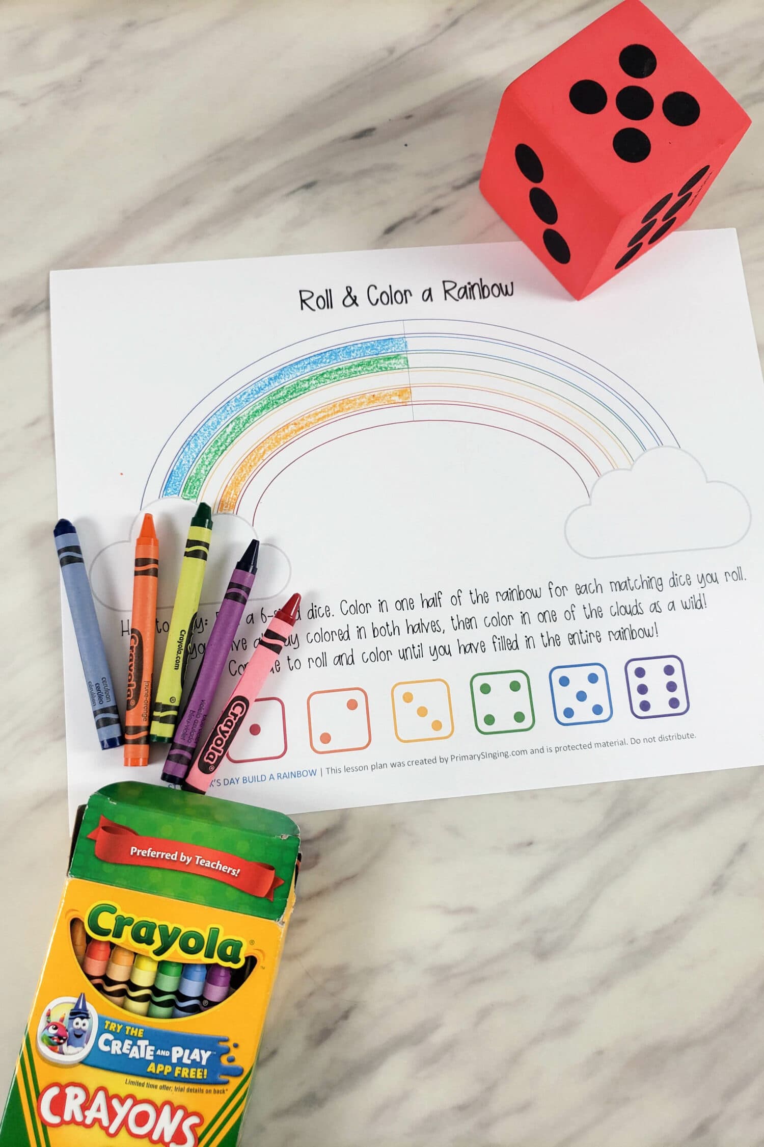 Printable Color the Rainbow rolling dice game for St Patrick's Day. Fun and easy game like the classic Cootie game. Free printable lesson plan for music teachers or any home or classroom use.