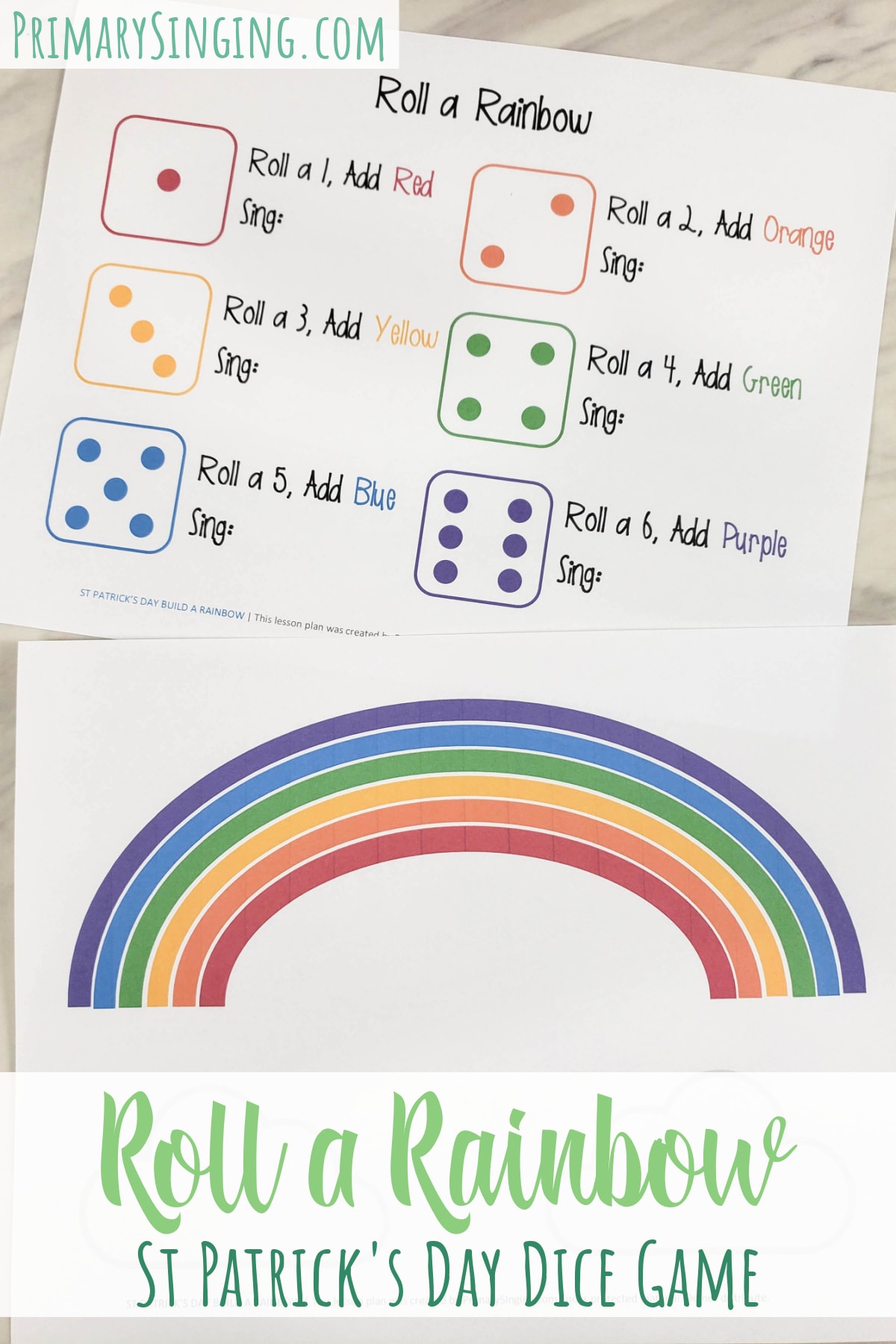 St Patrick's Day Roll a Rainbow Game - cute printable game for home, school, or church use. Designed to work perfectly for LDS Primary Music Leaders in Singing Time but flexible enough to work for any music teacher or for a preschool or music group!