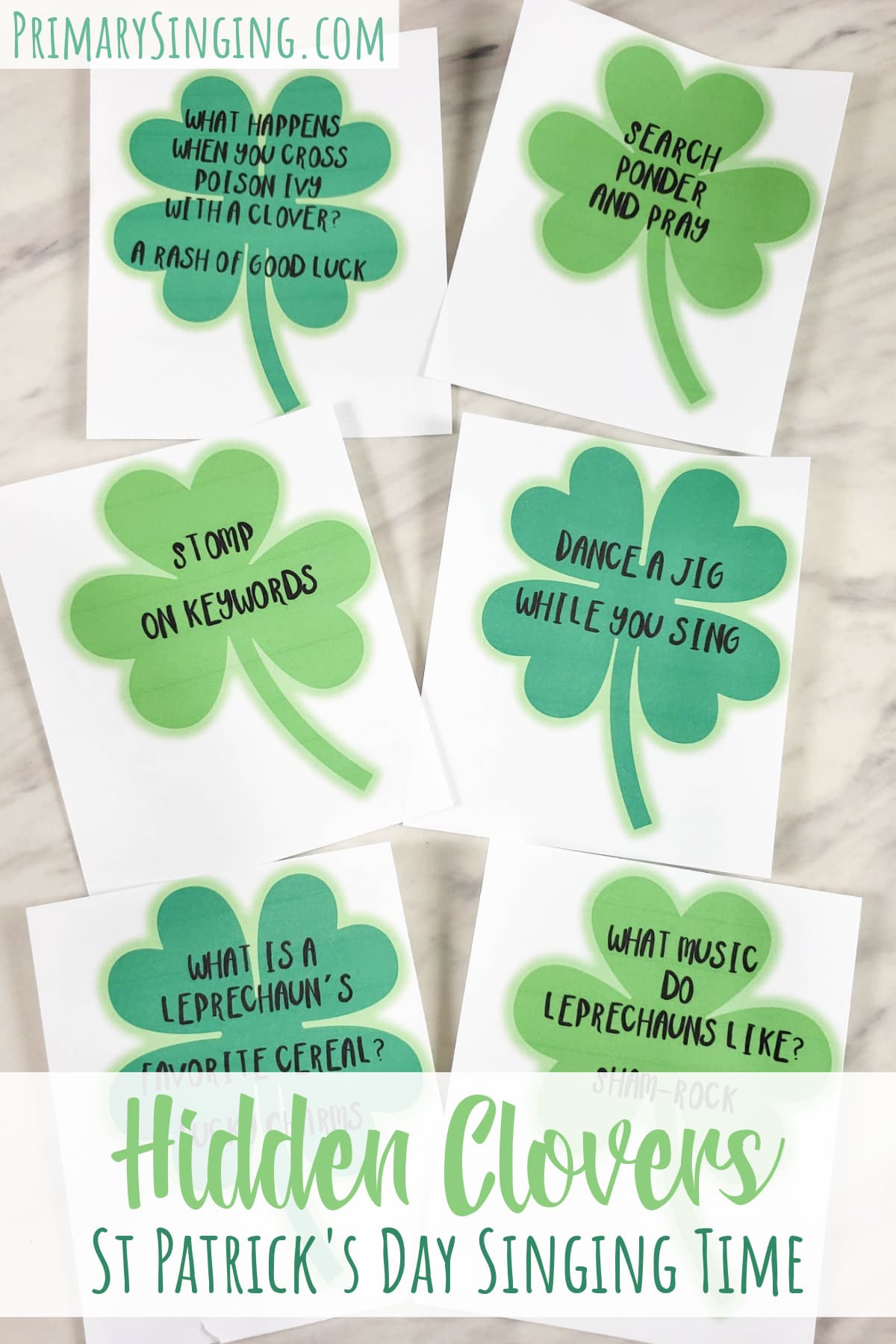St Patrick's Day Singing Time Idea Hidden Clovers Game with jokes, dares, Primary songs, Irish facts, and more!