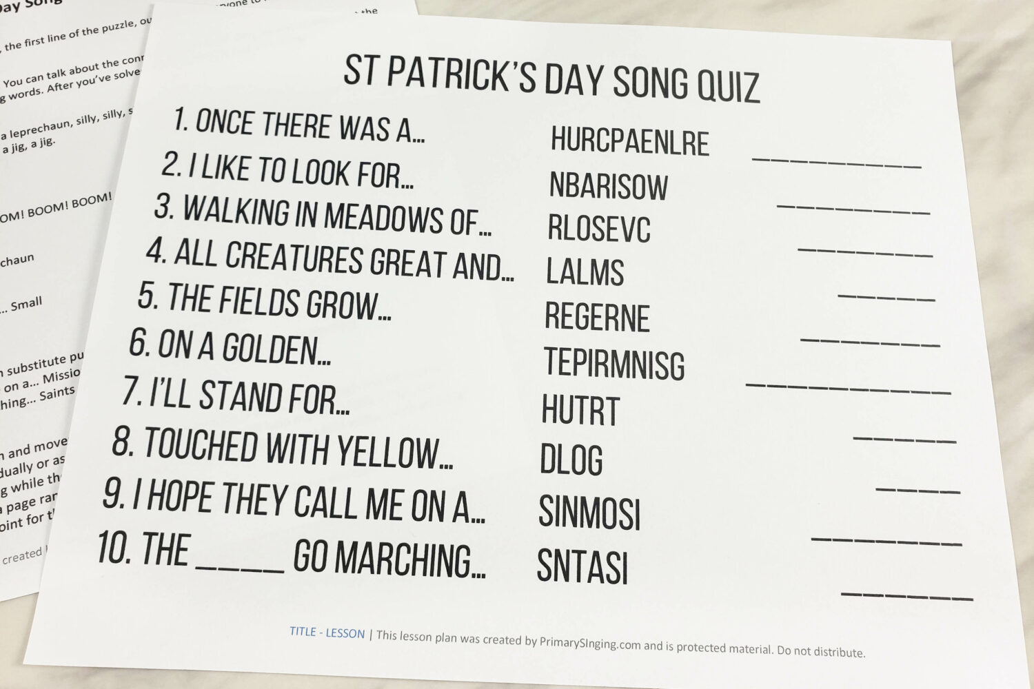 St Patrick's Day Song Quiz Singing Time Ideas for LDS Primary Music Leaders