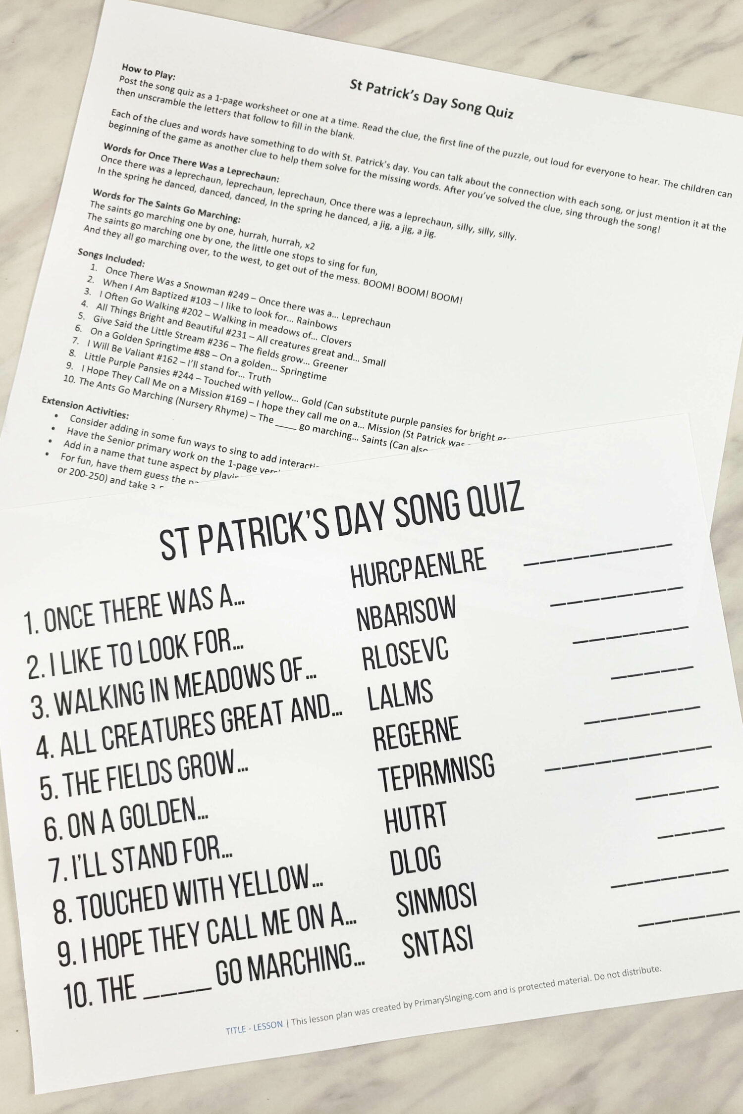 Play a cute and fun St Patrick's Day Song Quiz clues and word unscramble to guess themed words. These match a song for LDS Primary Singing Time Music Leaders.