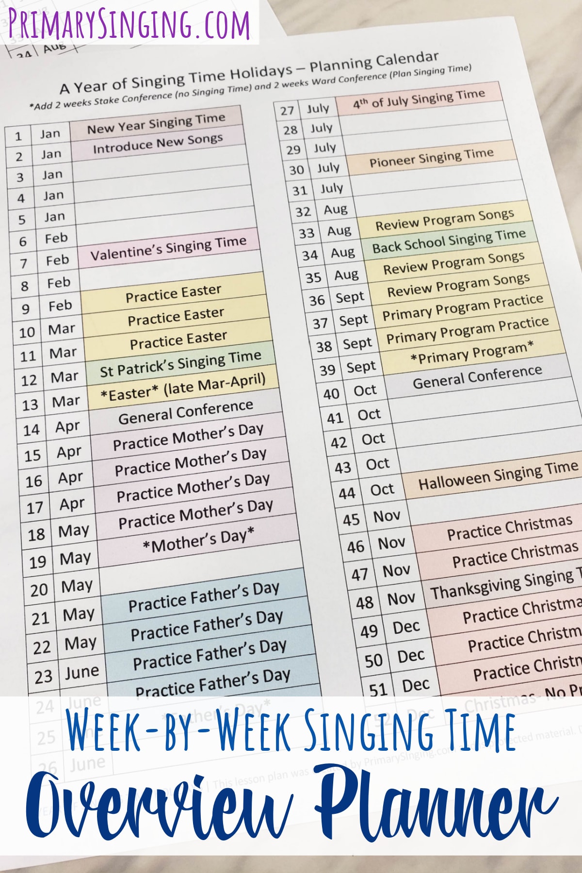 Get this free printable and editable Year Overview Singing Time Planner PDF worksheet! It will help you plan 52 weeks teaching music at a glance with holidays!