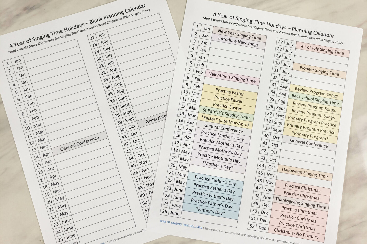 Primary Singing Time Year Planner Week-by-Week with Holidays for music leaders