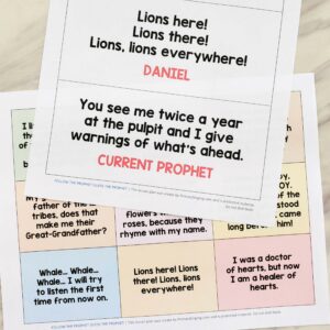 Use logic and fun to see if the kids can figure out which prophet in this cute printable Follow the Prophet Riddles game for LDS Primary Singing Time or Come Follow Me study.