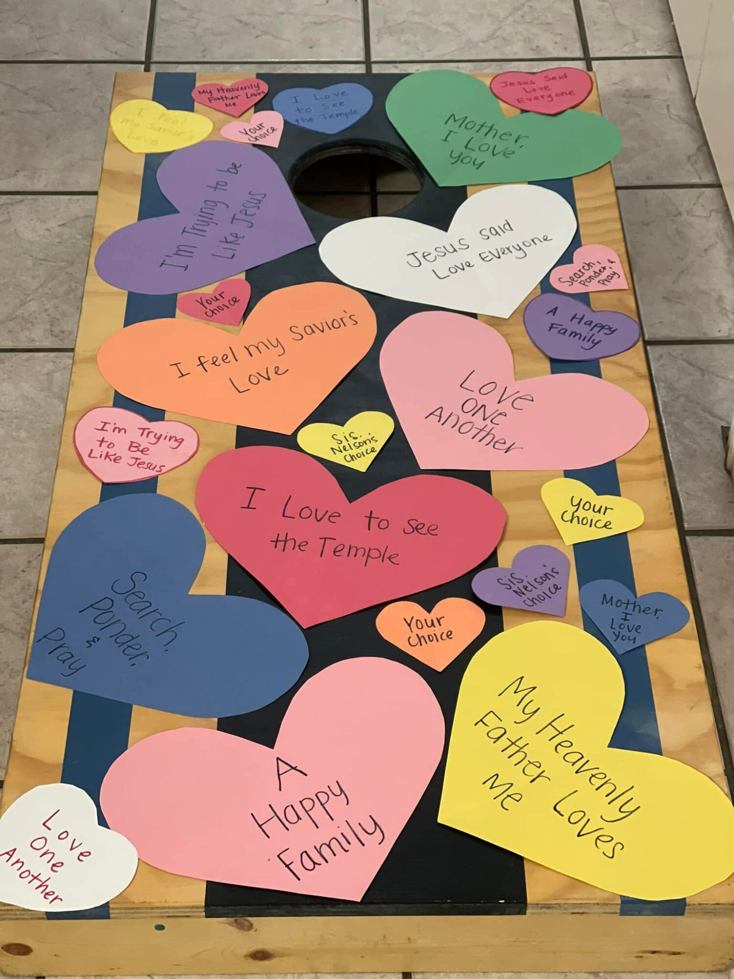 Valentine's Day Singing Time Ideas - LDS Primary Songs cornhole game! 