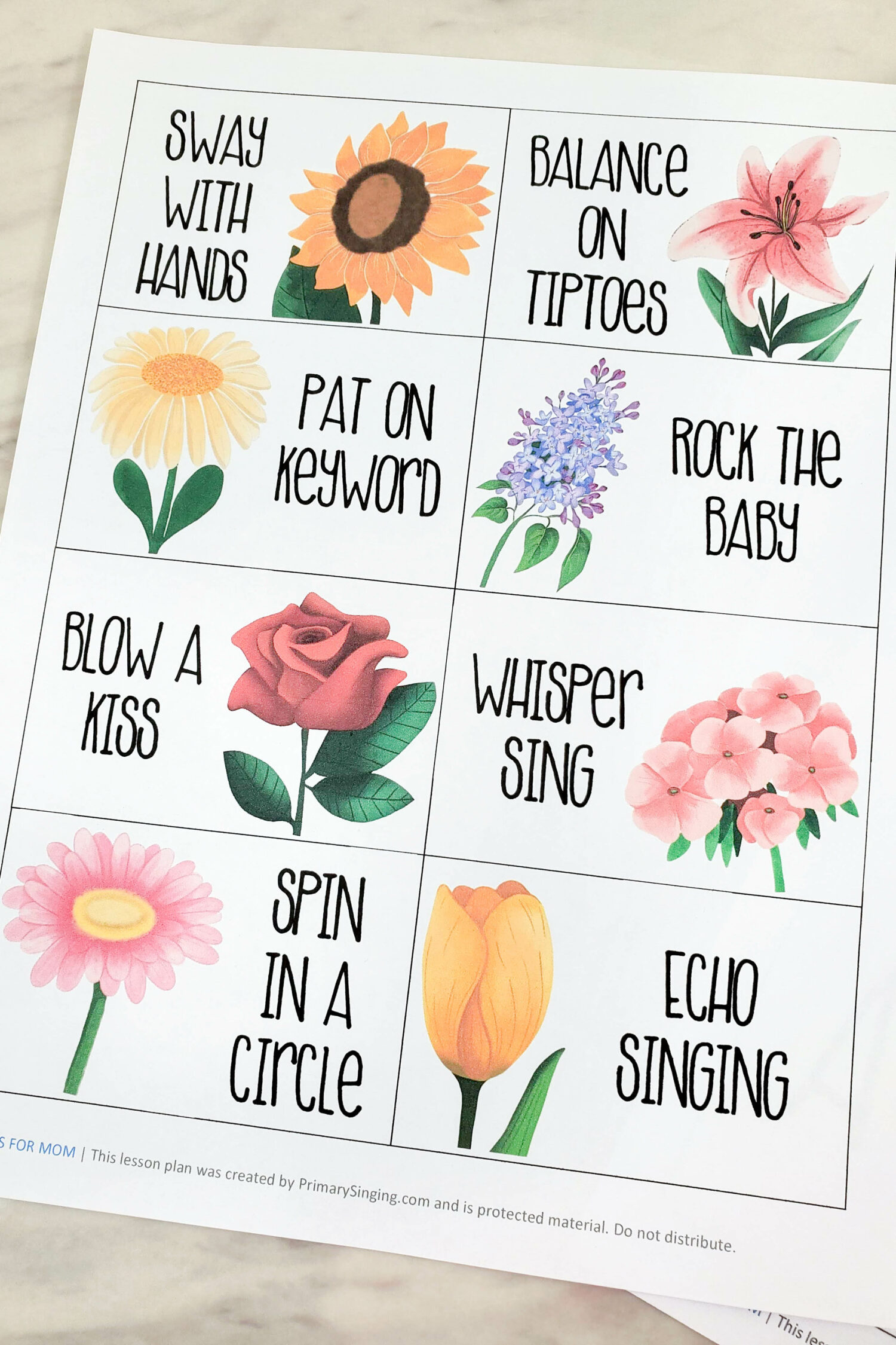 Flowers for Mom Mother's Day singing time idea or kids activity. Cut out and assemble a paper bouquet! Then use these flower ways to sing cards for a fun teaching activity for LDS Primary music leaders.