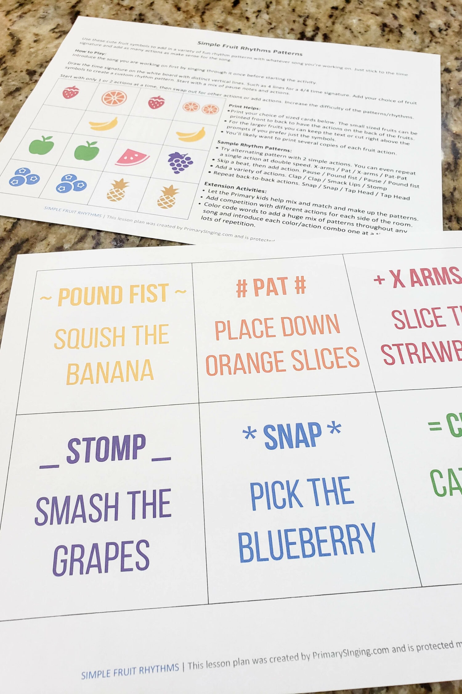 Play a fun game of Fruit Ninja in singing time with these flexible Fruit Rhythm Patterns printable cards that match with an action, color, and even a shape to use with any Primary song. Great for any music leaders. LDS Review Game.