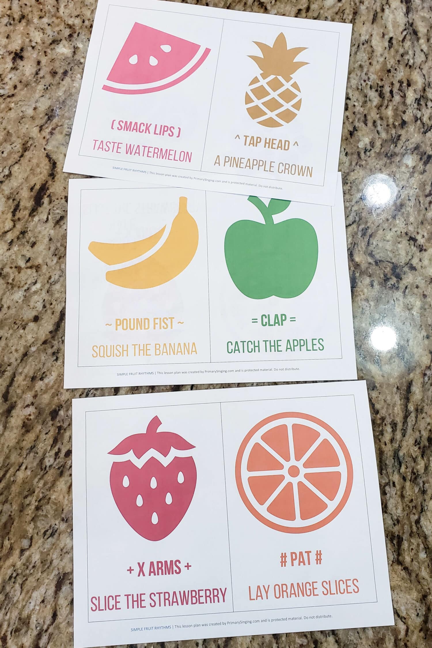 Play a fun game of Fruit Ninja in singing time with these flexible Fruit Rhythm Patterns printable cards that match with an action, color, and even a shape to use with any Primary song. Great for any music leaders. 