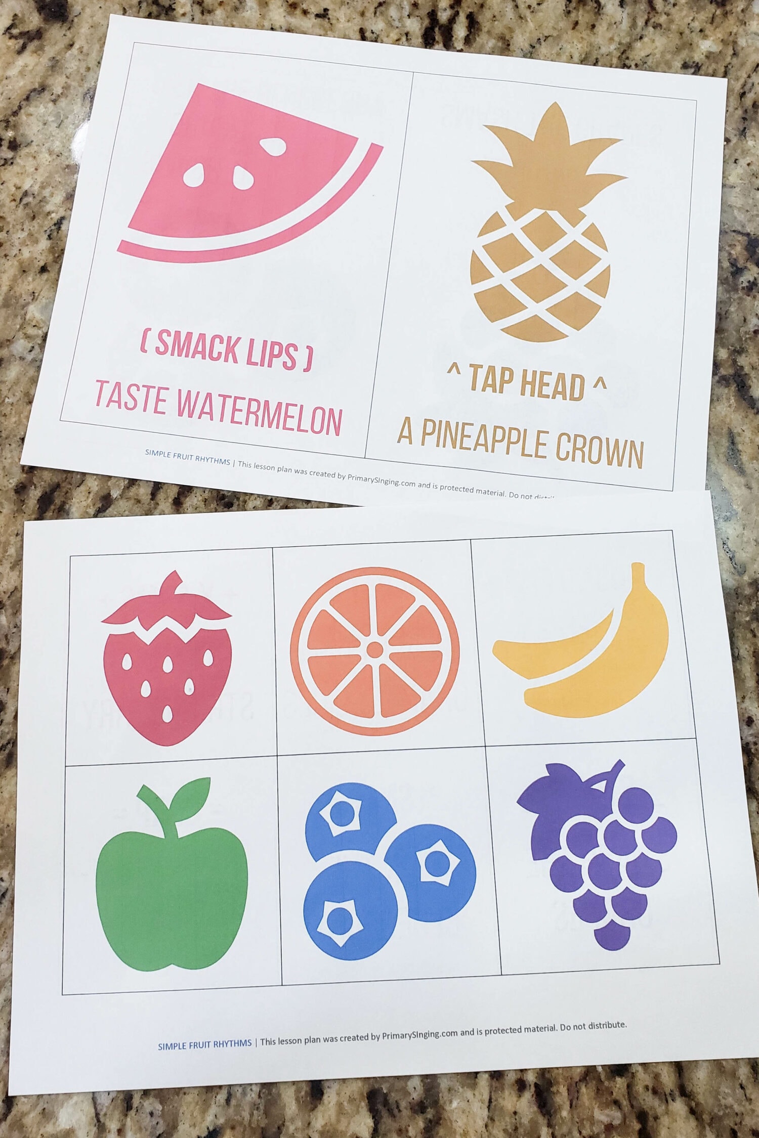 Play a fun game of Fruit Ninja in singing time with these flexible Fruit Rhythm Patterns printable cards that match with an action, color, and even a shape to use with any Primary song. Great for any music leaders. 