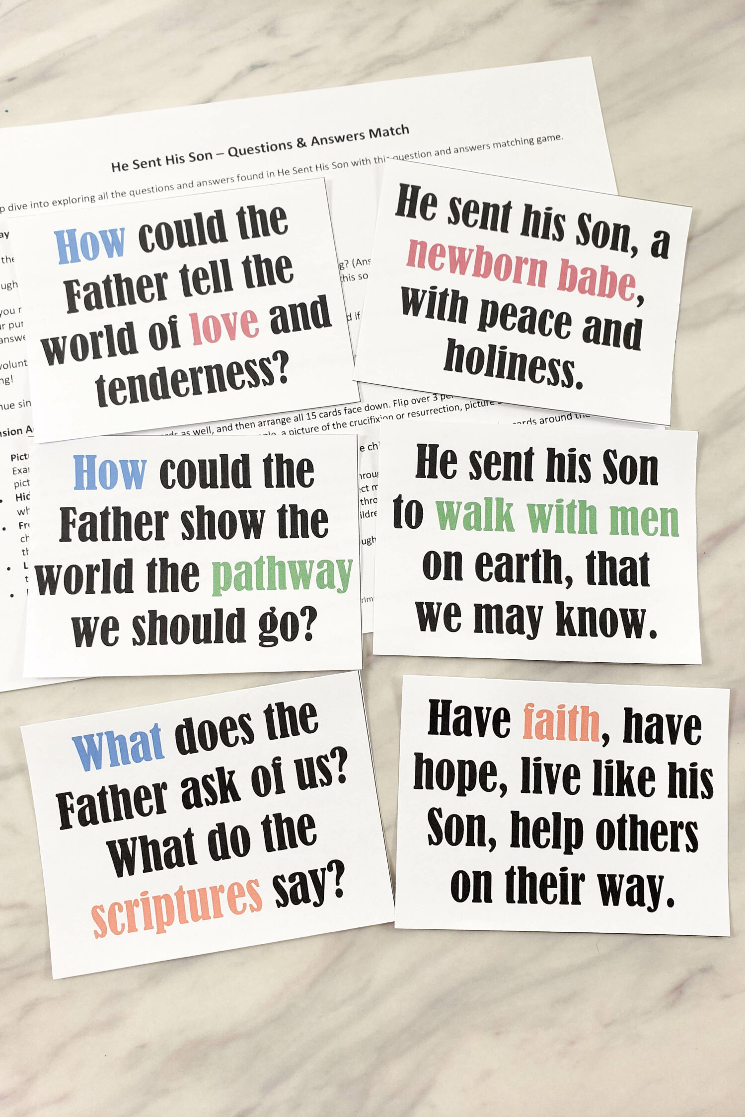 Teach He Sent His Son Questions & Answers Match in singing time with these printable song helps for LDS Primary Music Leaders with teaching activities.