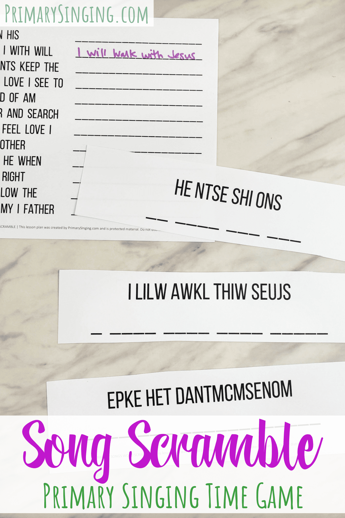Primary Song Scramble singing time review game for LDS Primary music leaders. Grab this printable activity with 12 preselected songs great for the Old Testament or add your own song list. Scramble words or letters in this engaging game.