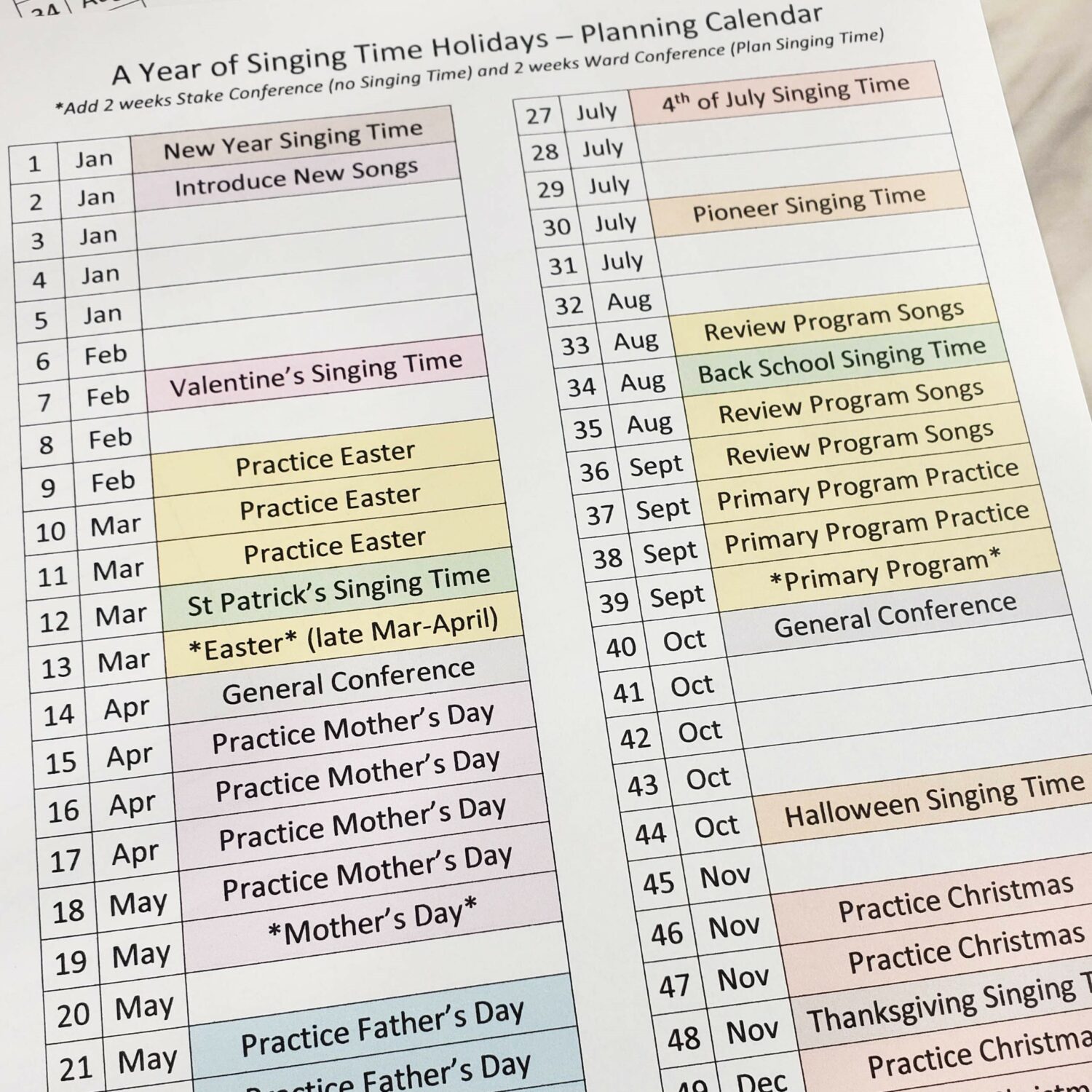 Year of Holiday Singing Time Planner 52-week overview worksheet for LDS Primary music leaders singing time organization