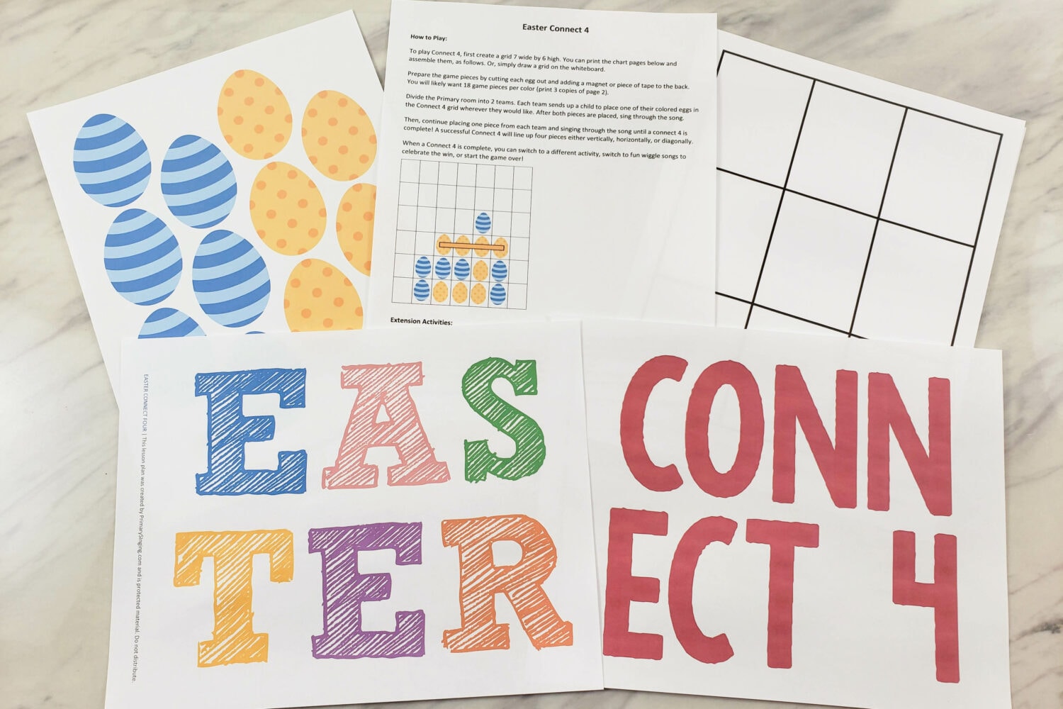Easter Primary Connect 4 singing time game - Use these cute printable song helps to play a fun game together as a Primary perfectly themed for Easter! Includes a Connect 4 game board and colorful Easter eggs as game pieces. LDS Primary music leaders.