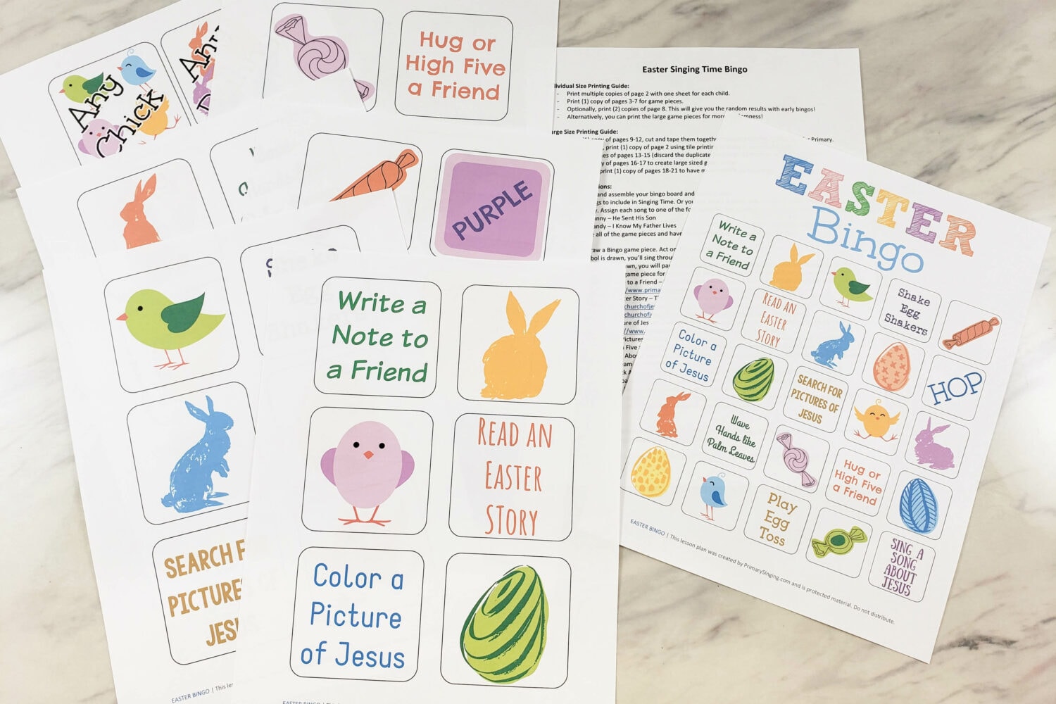 Easter bingo cards with printable game pieces for singing time music leaders