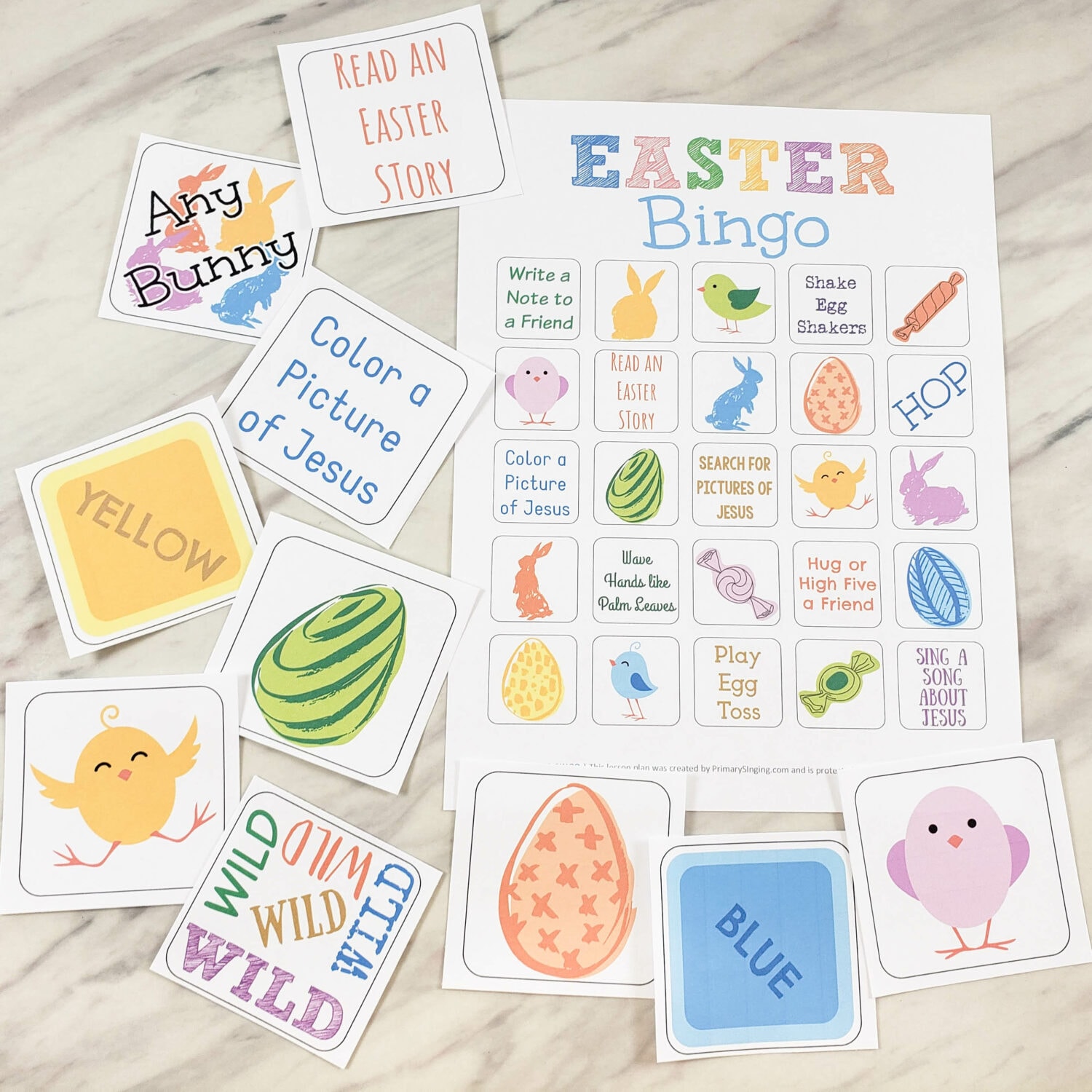 Easter Bingo game cards printable PDF with game pieces for singing time