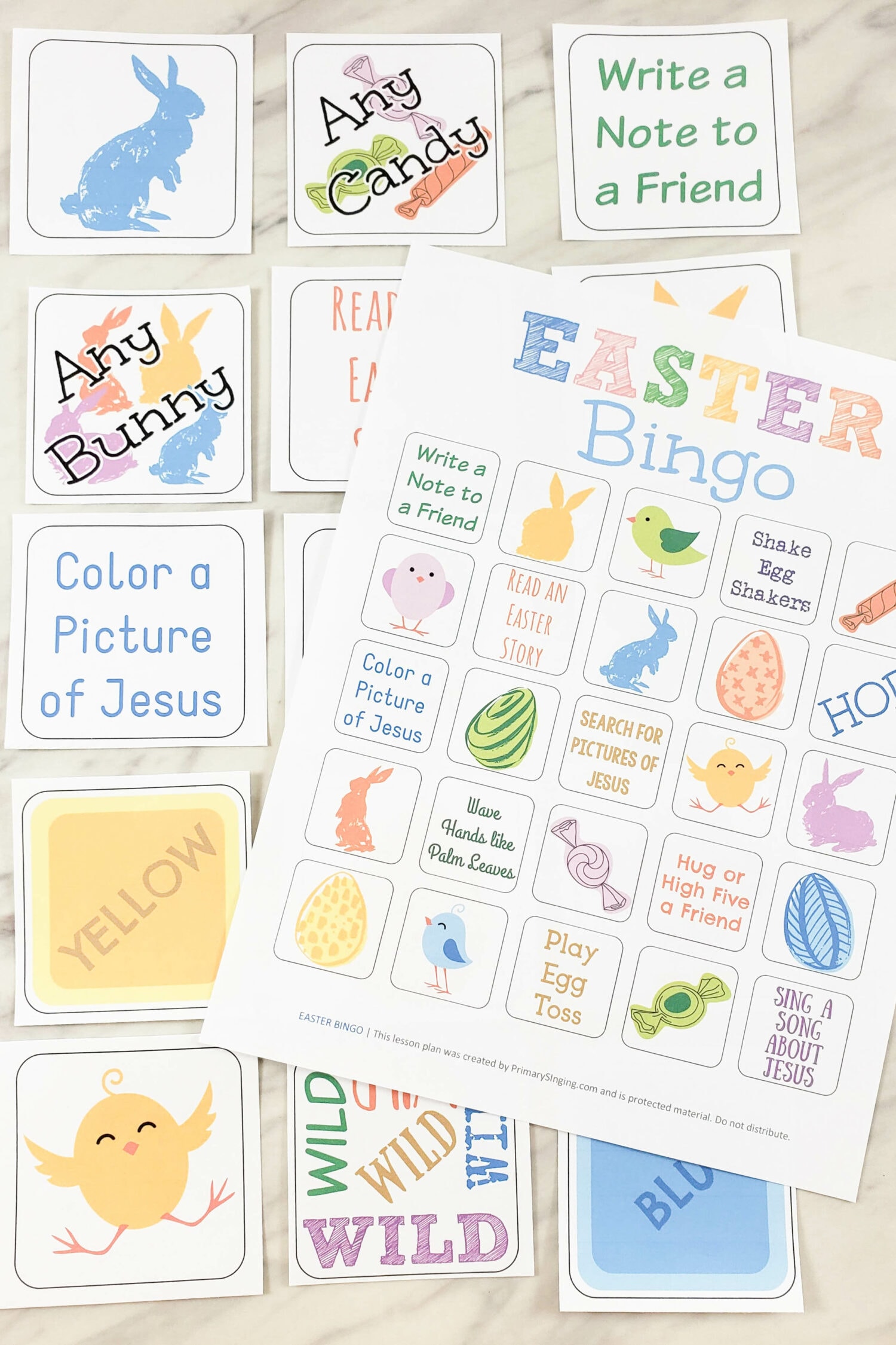 Easter Bingo game cards printable PDF with game pieces for singing time
