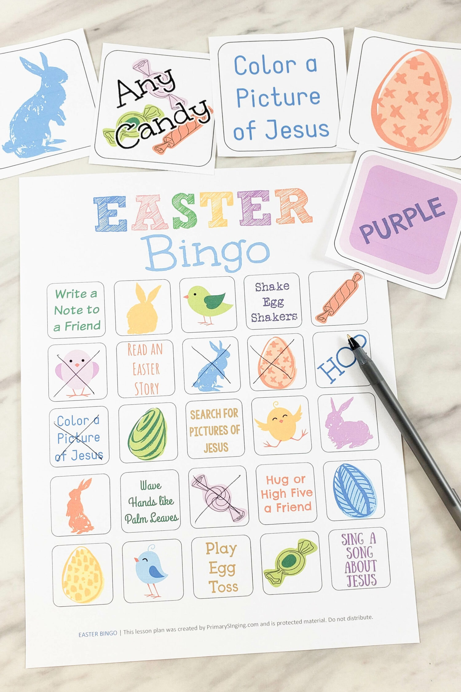 Fun printable Bingo game card for Easter with cards to draw to select which piece is drawn including cute symbols for Easter
