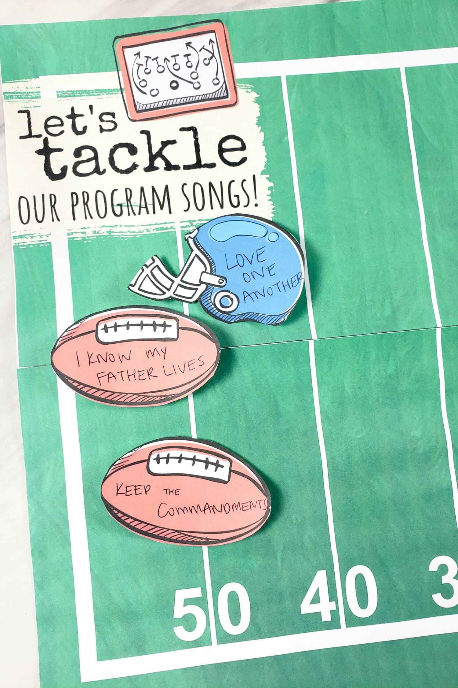 Use this printable Football Primary Program Review idea including end zones and markers (footballs and helmets) to mark your progress as you practice songs in singing time for LDS Primary music leaders