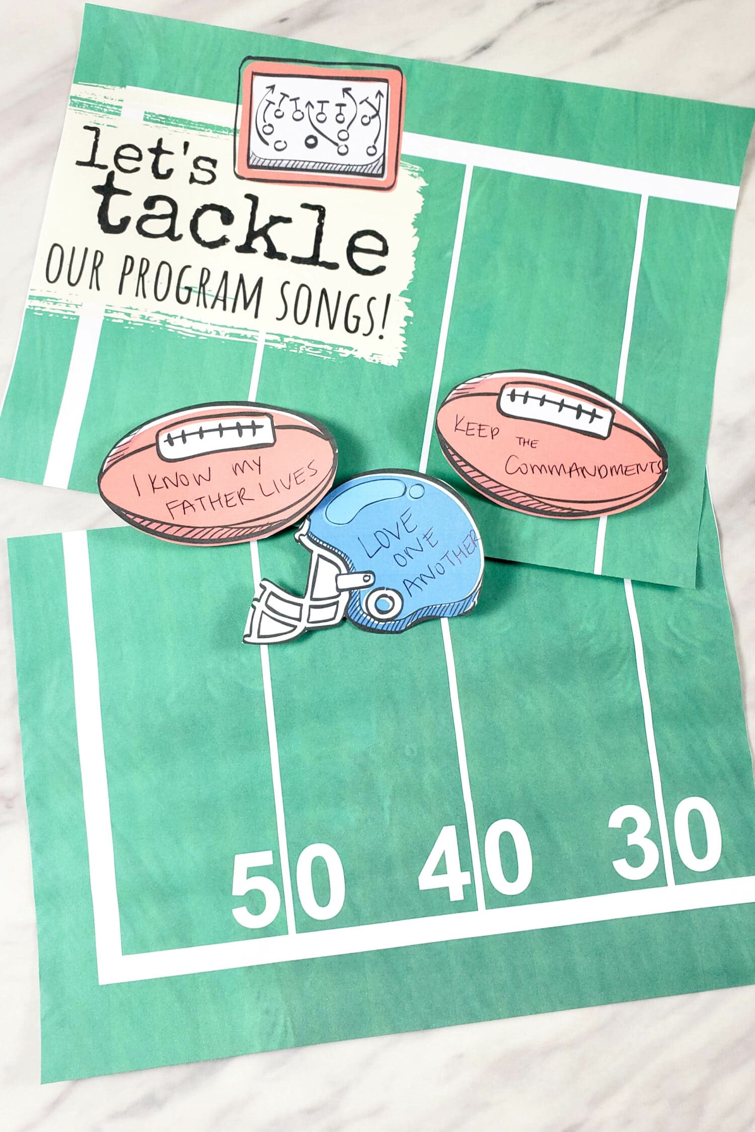 Use this printable Football Primary Program Review idea including end zones and markers (footballs and helmets) to mark your progress as you practice songs in singing time for LDS Primary music leaders