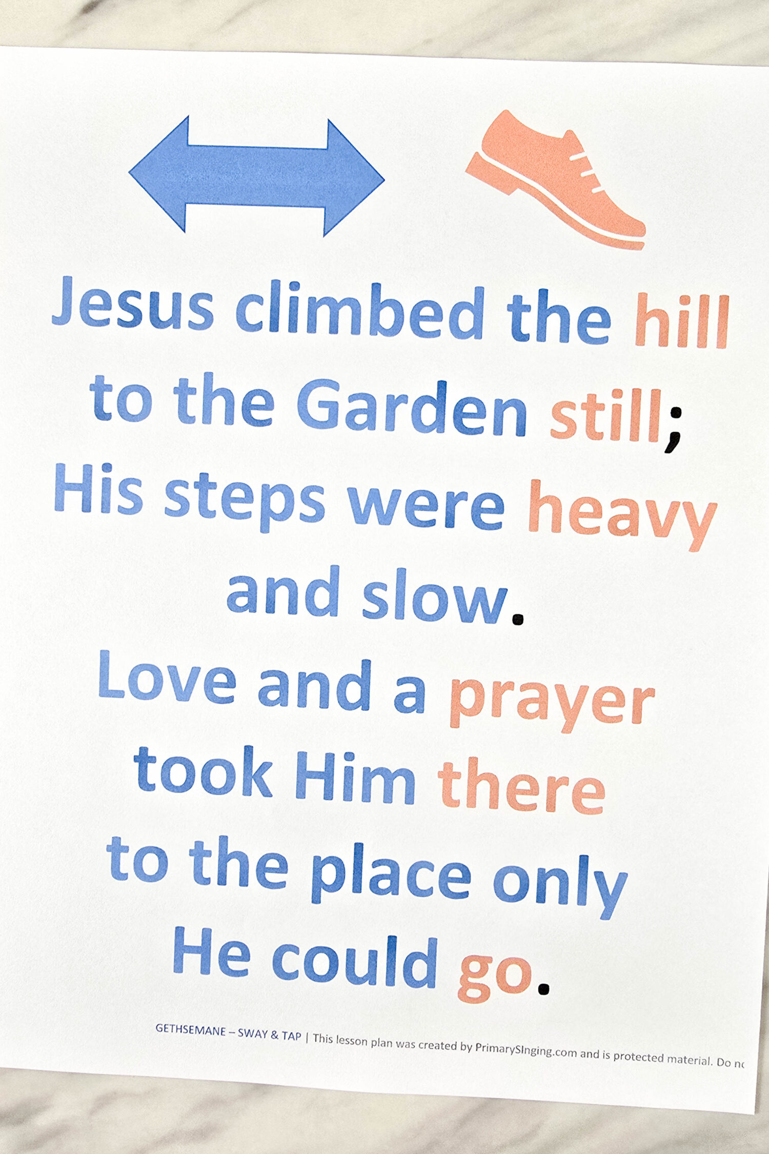 Gethsemane Sway and Tap fun singing time lesson plan to add in movement that matches the lyrics. Printable song helps for LDS Primary Music Leaders.