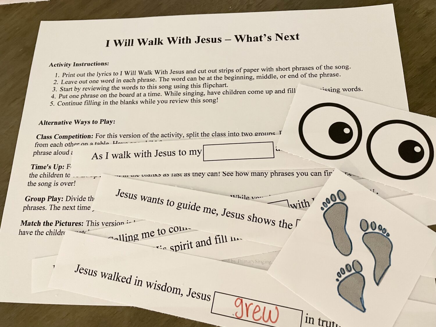 I Will Walk with Jesus What's Next singing time review game with printable song helps for LDS Primary music leaders