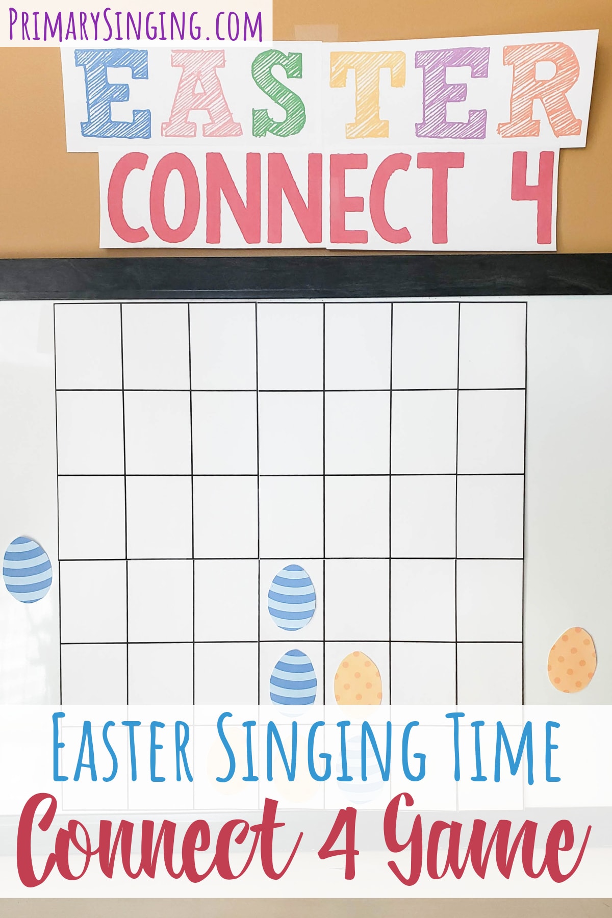 Easter Primary Connect 4 singing time game - Use these cute printable song helps to play a fun game together as a Primary perfectly themed for Easter! Includes a Connect 4 game board and colorful Easter eggs as game pieces. LDS Primary music leaders.