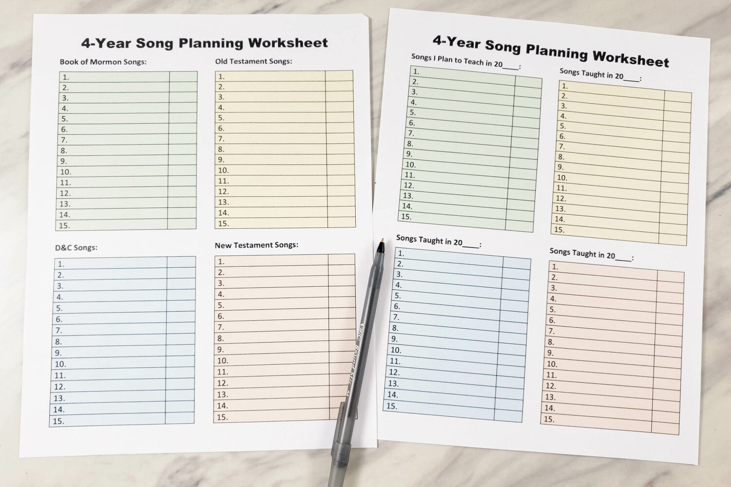 4-Year easy to track Primary Songs Planning Worksheet!! Use this printable to help you track songs you've taught and songs you are planning to teach in future years to keep good records of what songs the kids know and what to teach next during Singing Time! A printable resource for LDS Primary music leaders.