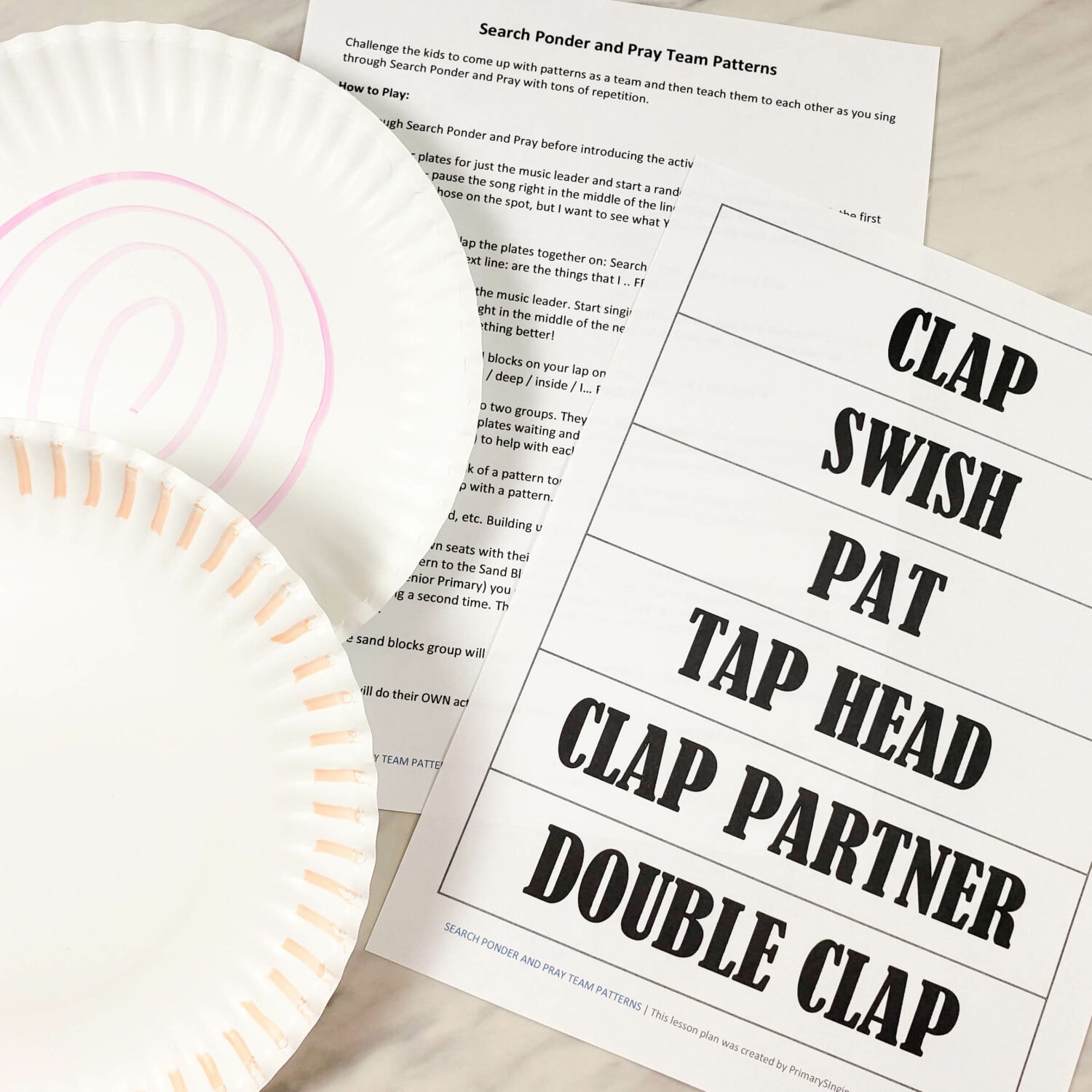 Search Ponder and Pray Team Patterns singing time ideas! Use these two instruments paper plates and sand blocks and have the kids help come up with patterns! Includes printable song helps for LDS Primary music leaders.