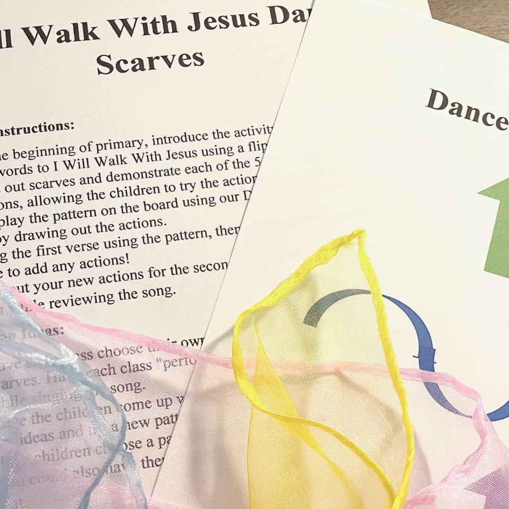 I Will Walk with Jesus Dance scarves pattern singing time ideas with printable song helps for LDS primary music leaders