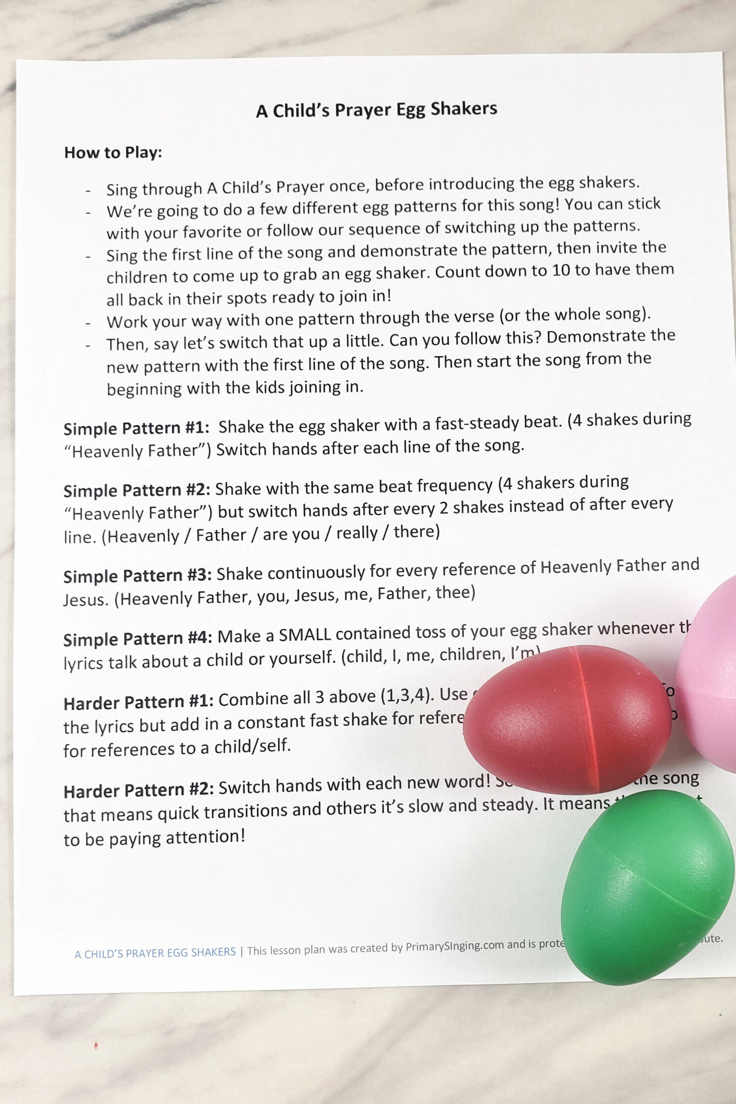 A Child's Prayer egg shakers fun singing time ideas with 4 simple patterns and 2 more challenging egg shaker patterns to have fun teaching this song for LDS Primary music leaders.