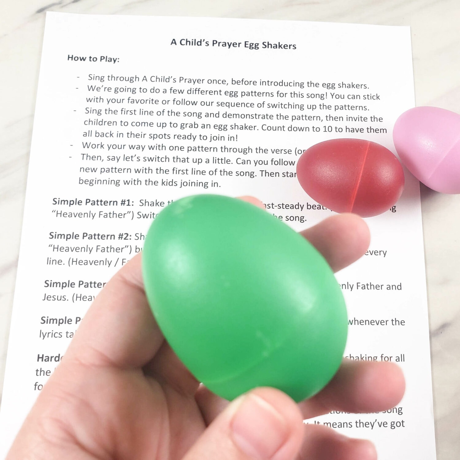 A Child's Prayer egg shakers fun singing time ideas with 4 simple patterns and 2 more challenging egg shaker patterns to have fun teaching this song for LDS Primary music leaders.