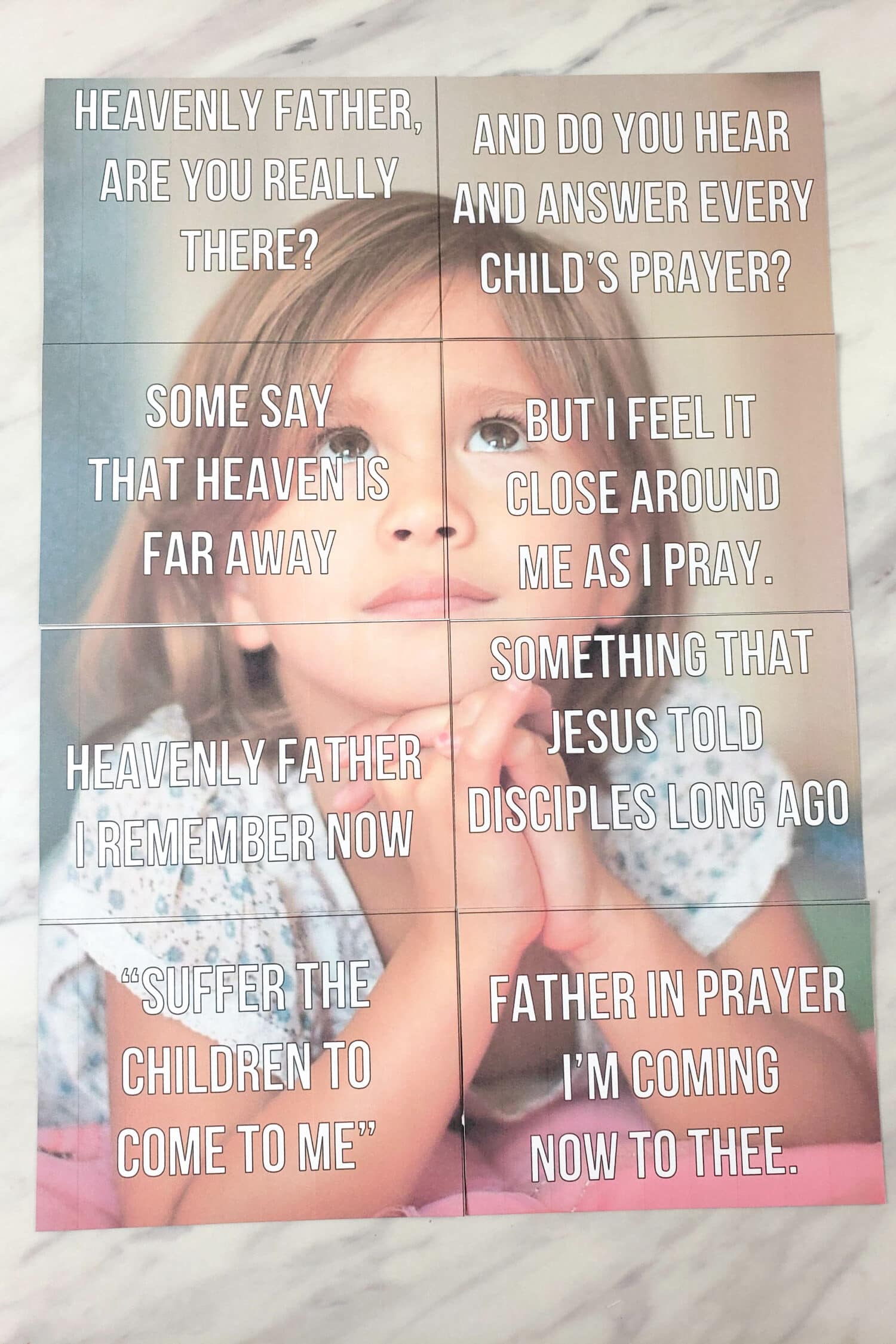 A Child's Prayer picture puzzle printable fun singing time idea for LDS Primary music leaders. You'll cut out the picture with lyrics and can combine them to a double sided poster that flips over to reveal the 2nd verse! 