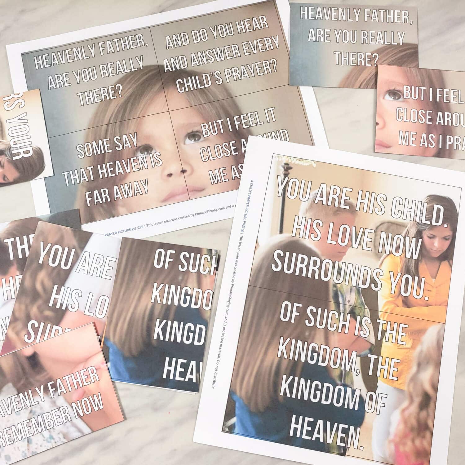 A Child's Prayer picture puzzle printable fun singing time idea for LDS Primary music leaders. You'll cut out the picture with lyrics and can combine them to a double sided poster that flips over to reveal the 2nd verse! 
