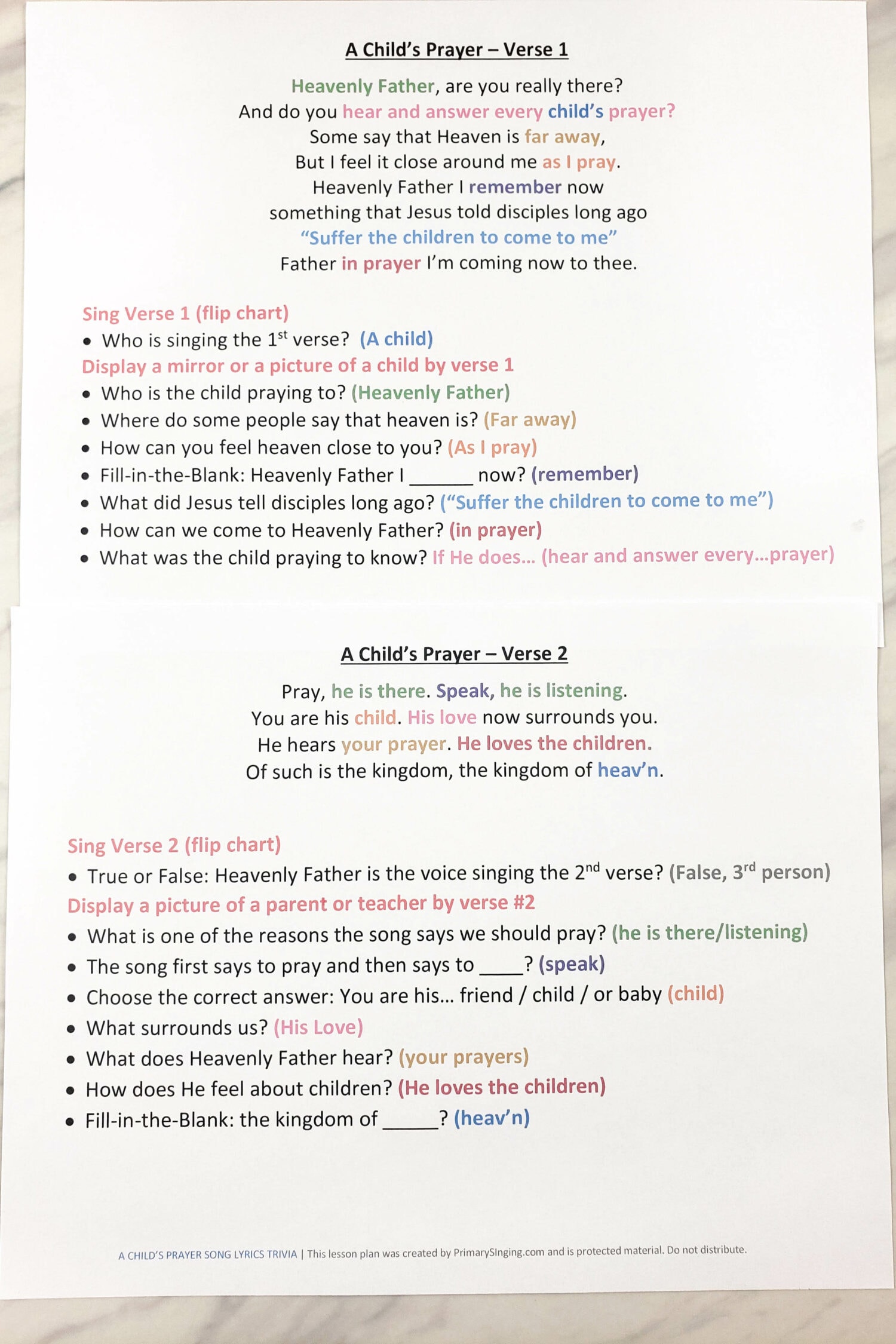 A Child's Prayer song lyrics trivia a fun printable trivia game to help the kids learn and reinforce the words of this song with singing time song helps for LDS Primary Music Leaders. 