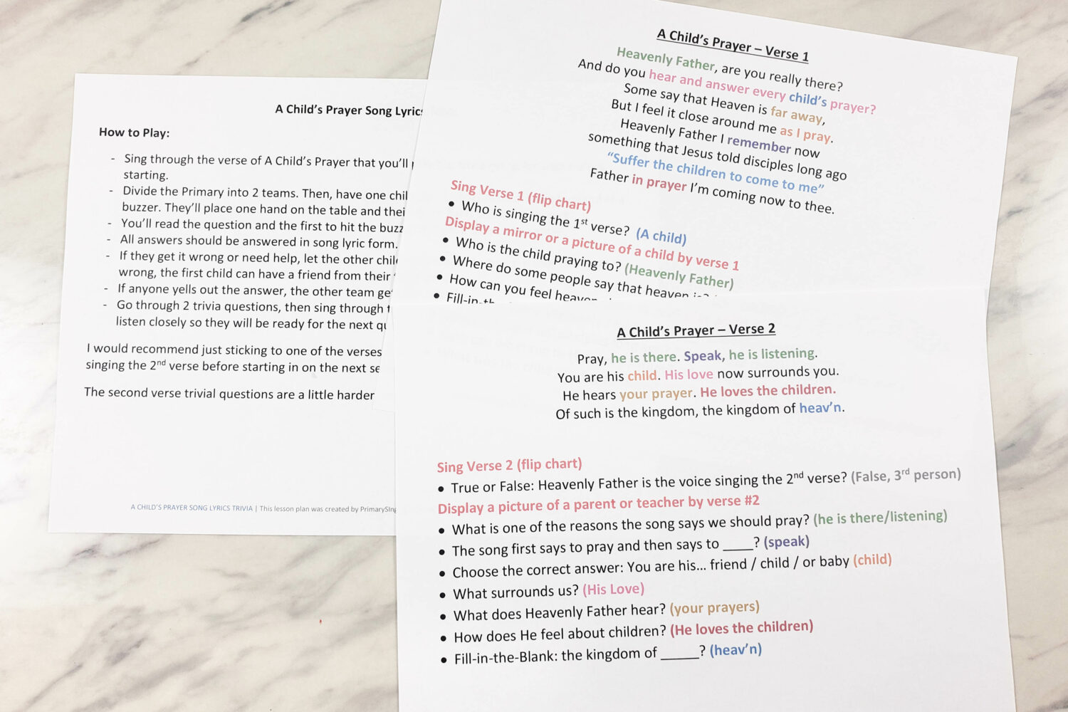 A Child's Prayer Song Lyrics Trivia 6 A Child's Prayer song lyrics trivia a fun printable trivia game to help the kids learn and reinforce the words of this song with singing time song helps for LDS Primary Music Leaders.