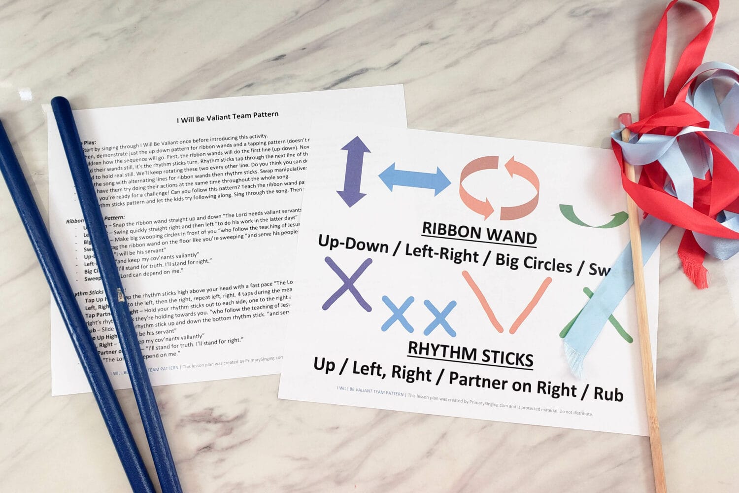 This I Will Be Valiant Team Patterns singing time idea includes ribbon wands and rhythm sticks for a fun and exciting activity for LDS Primary music leaders.