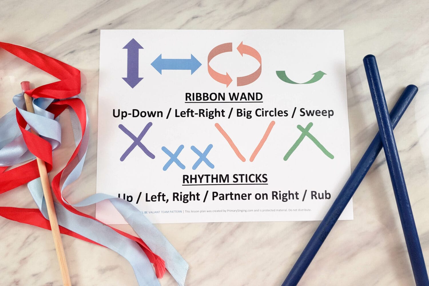 I Will Be Valiant Team Patterns singing time idea using ribbon wands and rhythm sticks for LDS Primary music leaders