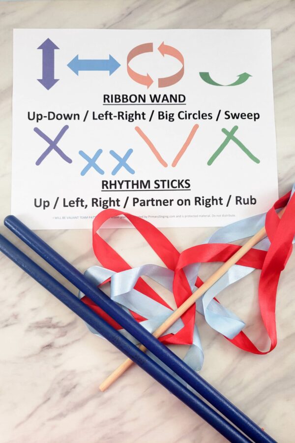 I Will Be Valiant Team Patterns singing time idea using ribbon wands and rhythm sticks for LDS Primary music leaders