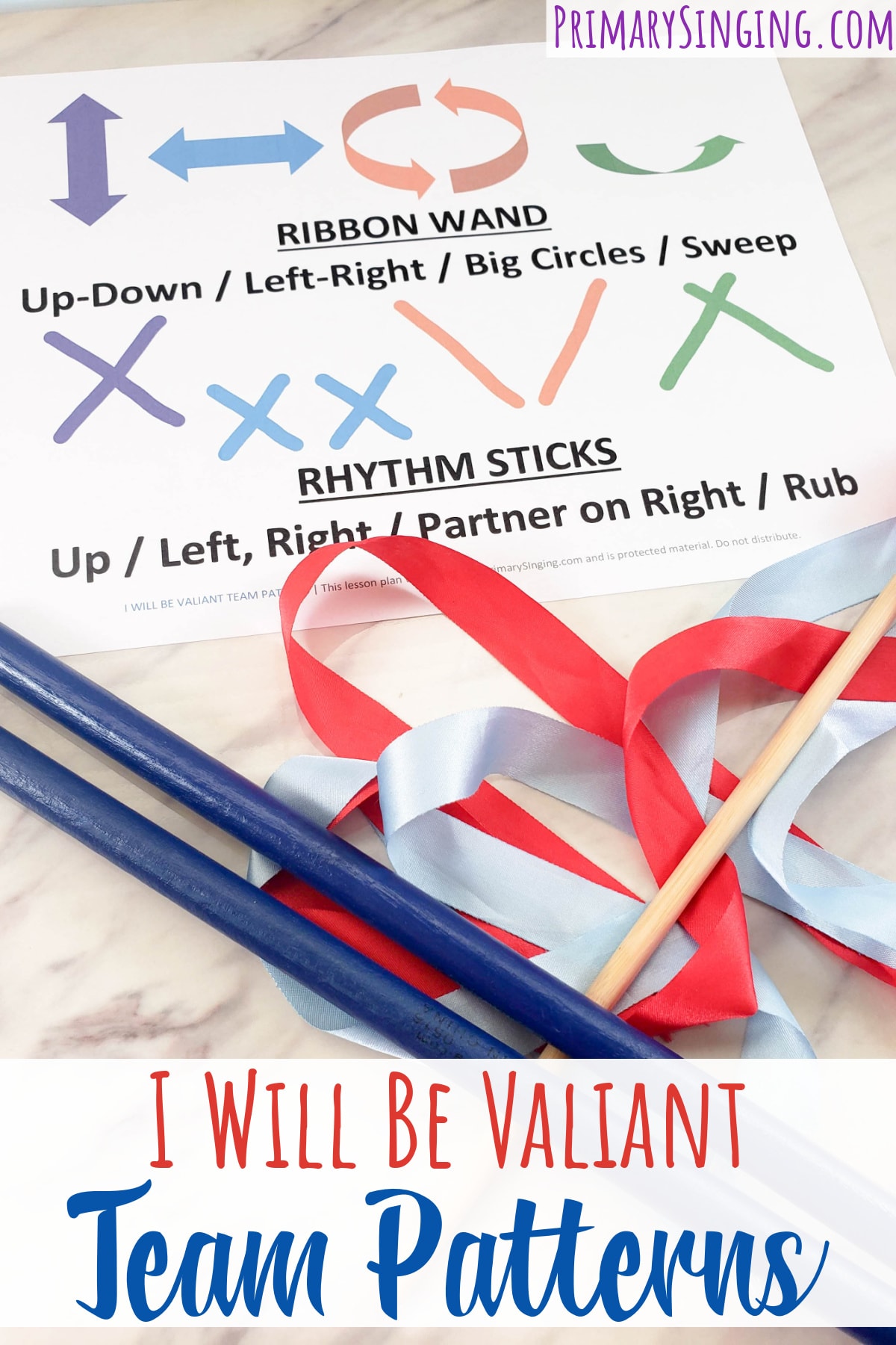 This I Will Be Valiant Team Patterns singing time idea includes ribbon wands and rhythm sticks for a fun and exciting activity for LDS Primary music leaders.